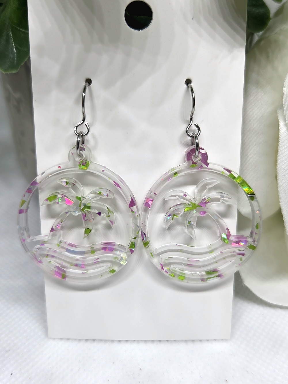 Clear Palm Tree Dangle Earrings with Pink & Green Accents
